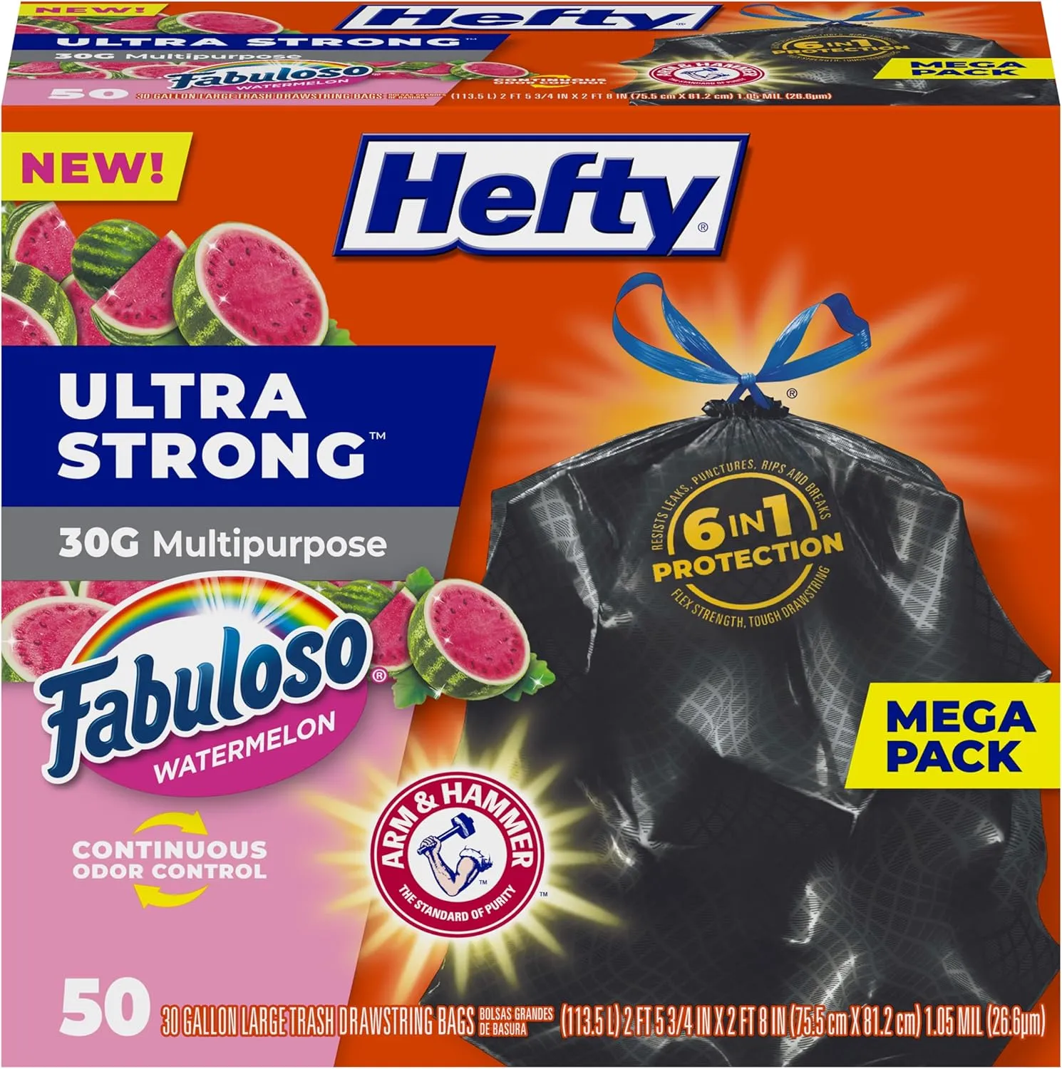 Hefty Ultra Strong 30 Gallon Trash Bags, Large Trash Bags, Multipurpose, Break Resistant Drawstring Closure, Resists Leaks, Punctures, and Tears, Black, Fabuloso Watermelon Scent, 50 Bags