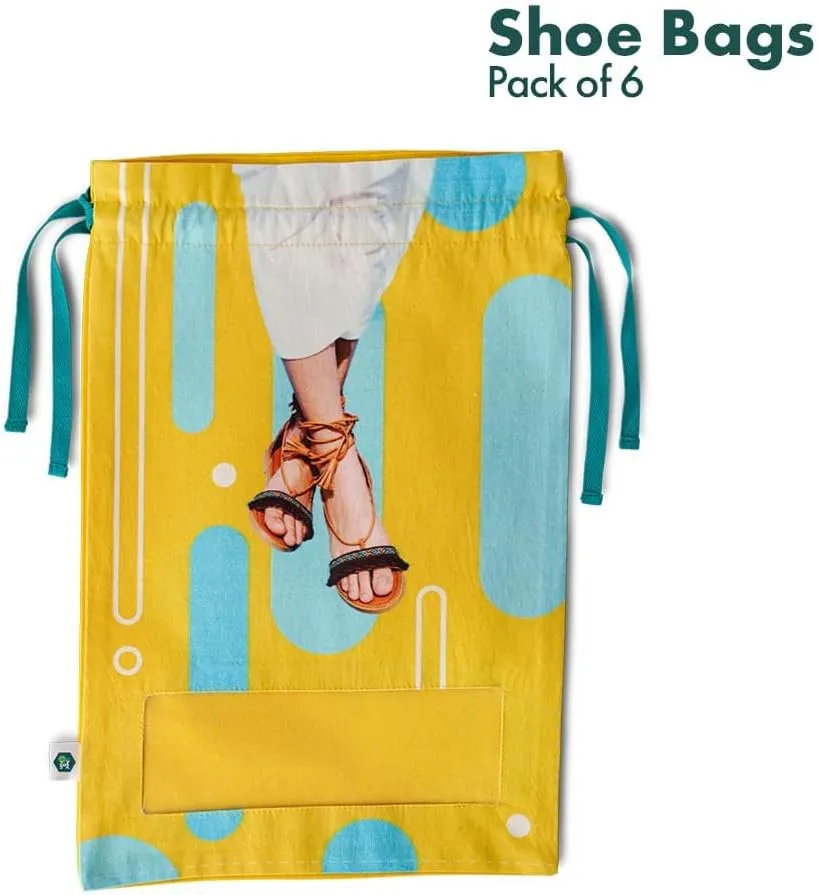 Hexafun 100% Organic Printed Cotton Women's Shoe Bags for Travel and Storage | for Dustproof Packing | Portable Footwear Organizer Bag | Drawstring Shoe Cover- Pack of 6