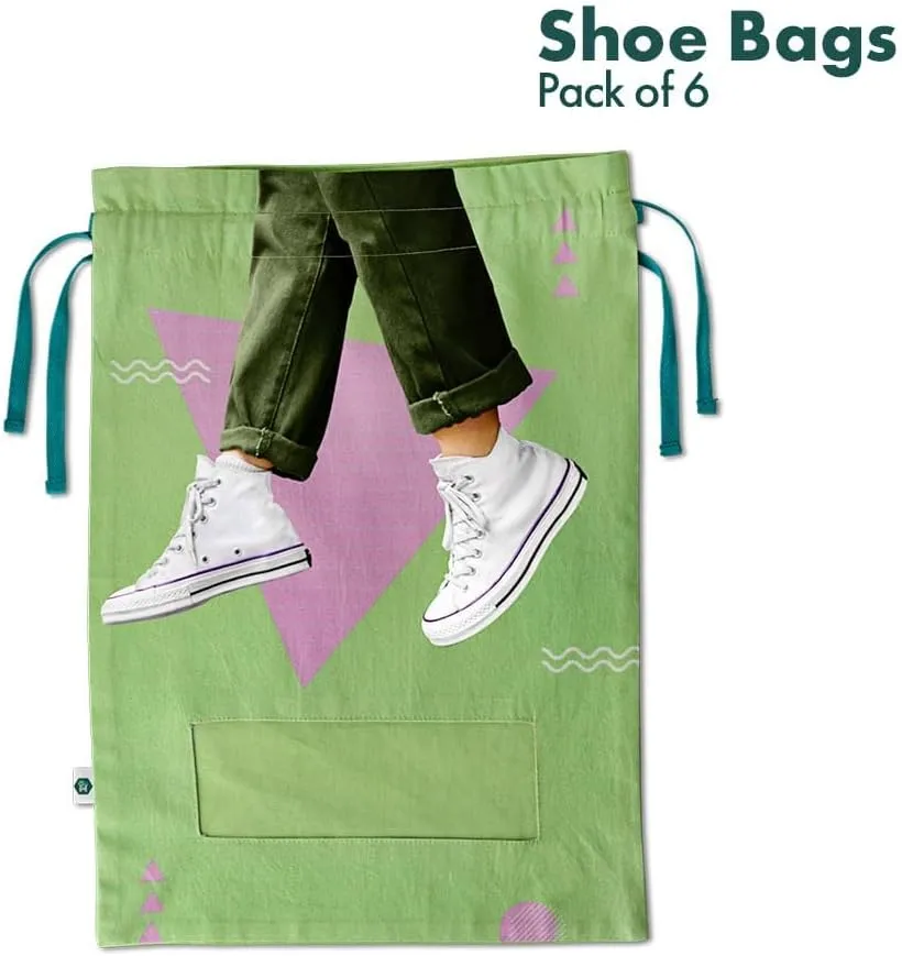 Hexafun 100% Organic Printed Cotton Women's Shoe Bags for Travel and Storage | for Dustproof Packing | Portable Footwear Organizer Bag | Drawstring Shoe Cover- Pack of 6