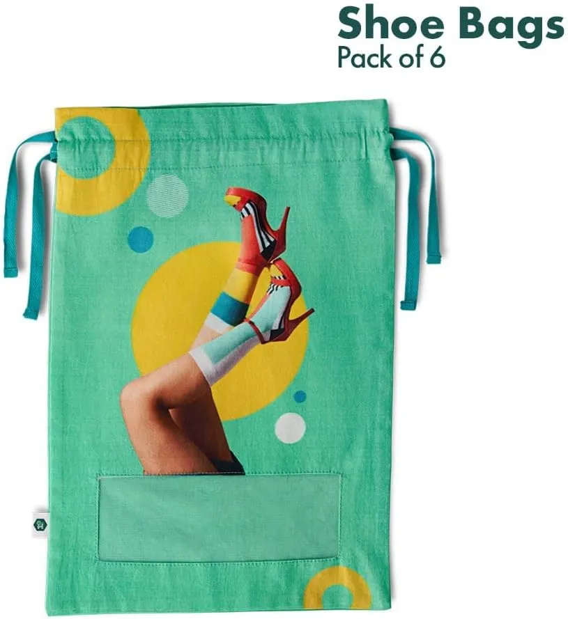 Hexafun 100% Organic Printed Cotton Women's Shoe Bags for Travel and Storage | for Dustproof Packing | Portable Footwear Organizer Bag | Drawstring Shoe Cover- Pack of 6