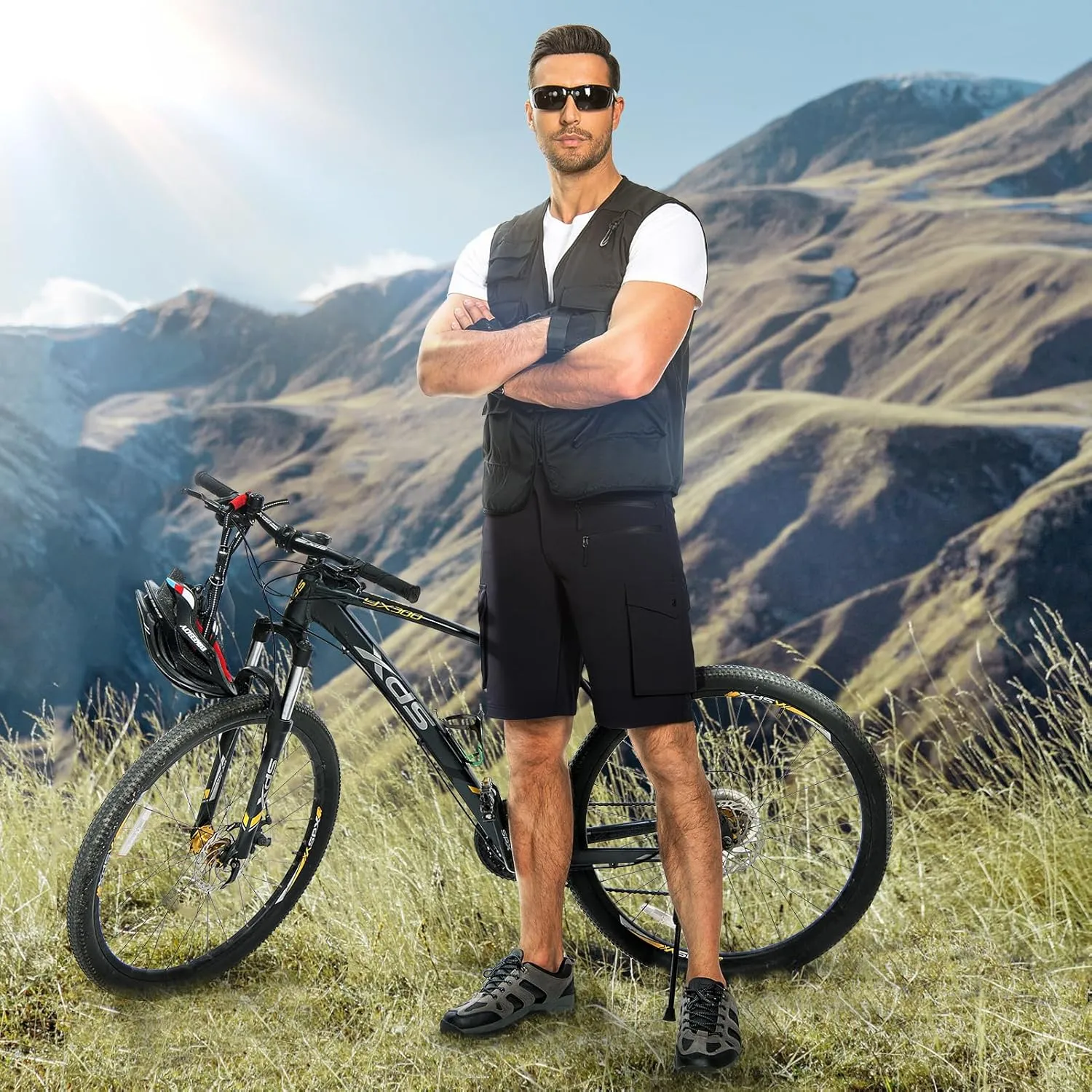 Hiauspor Men's Mountain Bike Shorts Stretch Cycling Quick Dry Hiking Cargo Shorts for Work Golf Fishing Tactical