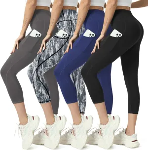 High Waisted Yoga Leggings for Women 4 Pack - Tummy Control Workout Capris with Pockets