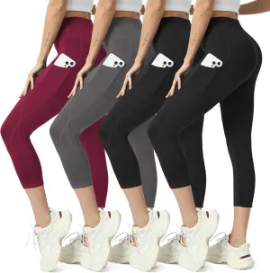 High Waisted Yoga Leggings for Women 4 Pack - Tummy Control Workout Capris with Pockets
