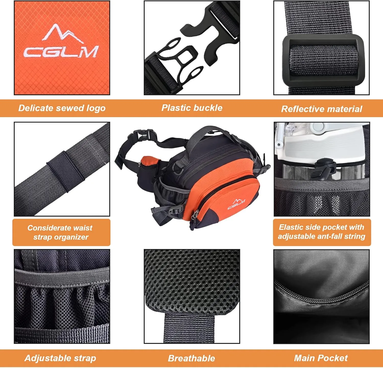Hiking Fanny Pack Waist Bag with Water Bottle Holder for Men Women Outdoors Walking Running Lumbar Pack Fit iPhone iPod Samsung Phones (Orange0006)