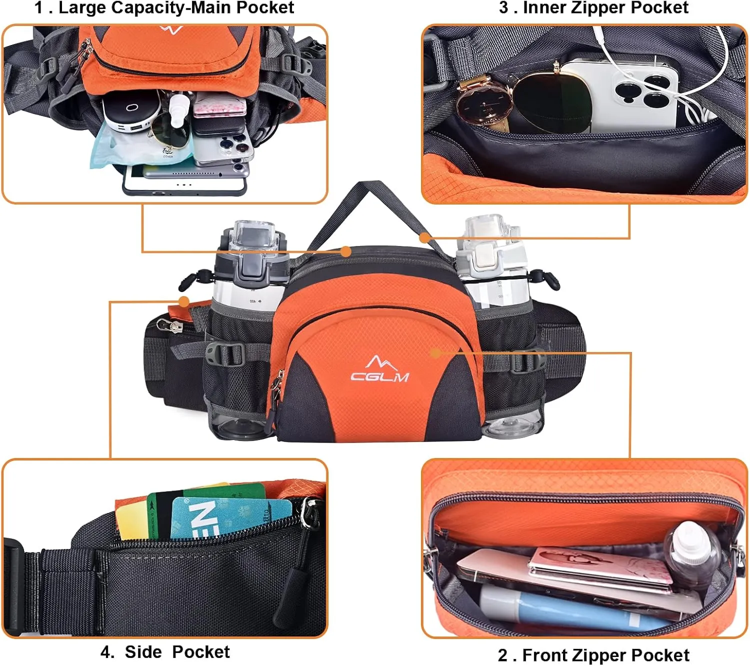 Hiking Fanny Pack Waist Bag with Water Bottle Holder for Men Women Outdoors Walking Running Lumbar Pack Fit iPhone iPod Samsung Phones (Orange0006)