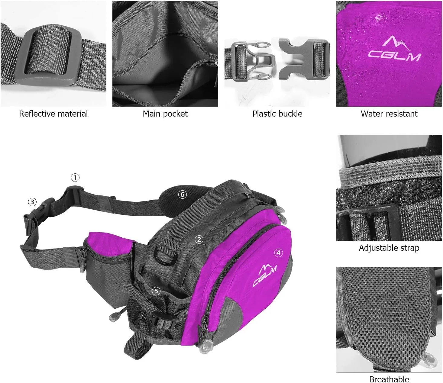 Hiking Fanny Pack Waist Bag with Water Bottle Holder for Men Women Outdoors Walking Running Lumbar Pack Fit iPhone iPod Samsung Phones (Purple004)