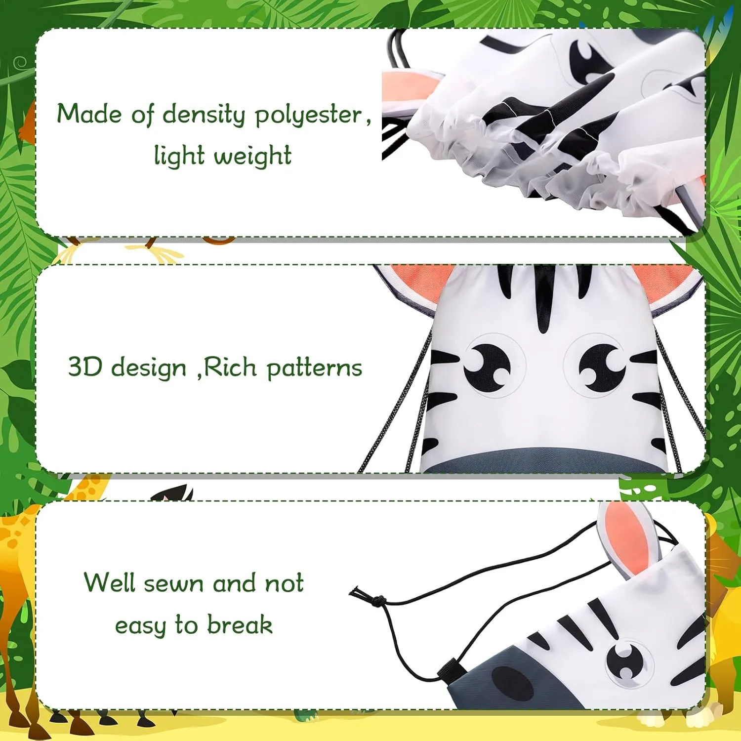 Hillban 16 Pcs Animal Drawstring Bags for Kids Party Favors Drawstring Backpack with Ear for Safari Birthday (Jungle Style)