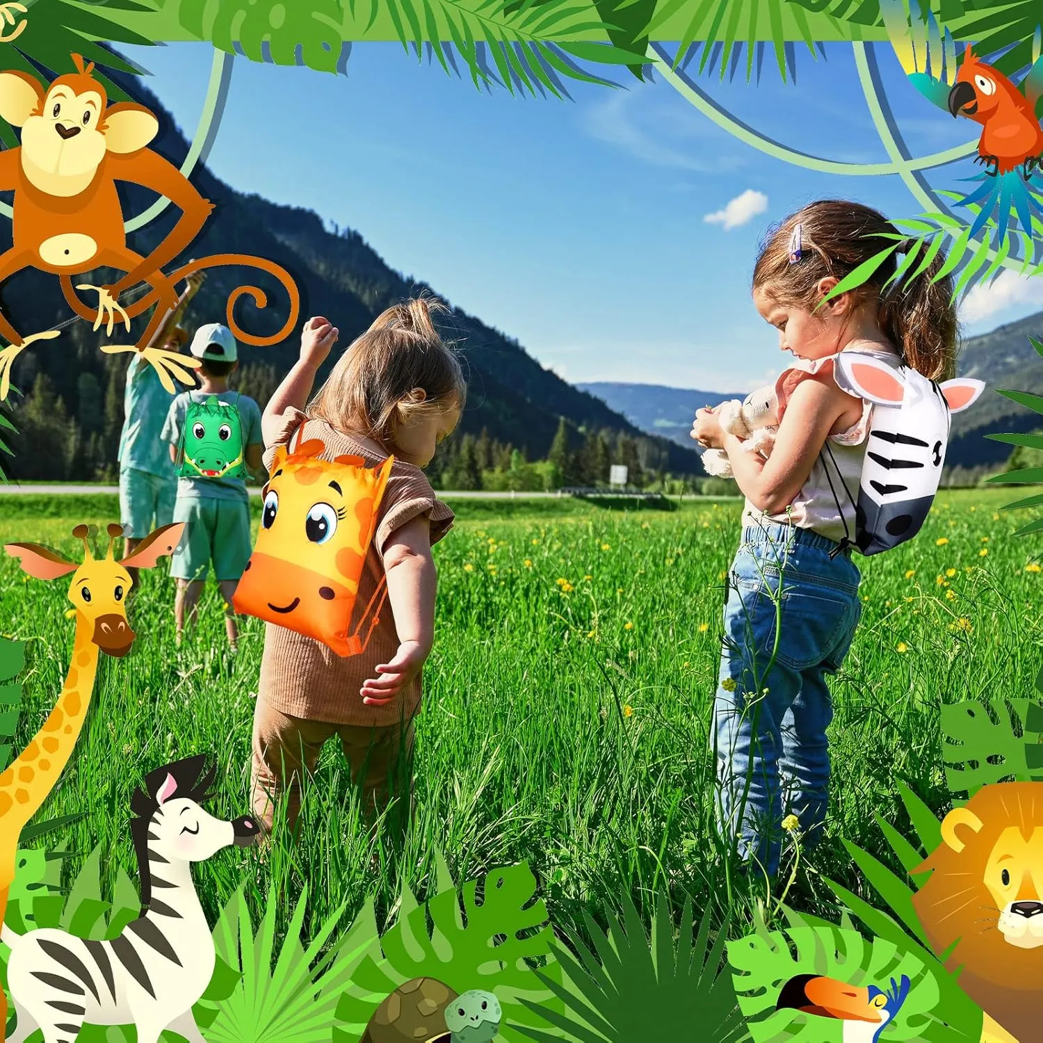 Hillban 16 Pcs Animal Drawstring Bags for Kids Party Favors Drawstring Backpack with Ear for Safari Birthday (Jungle Style)