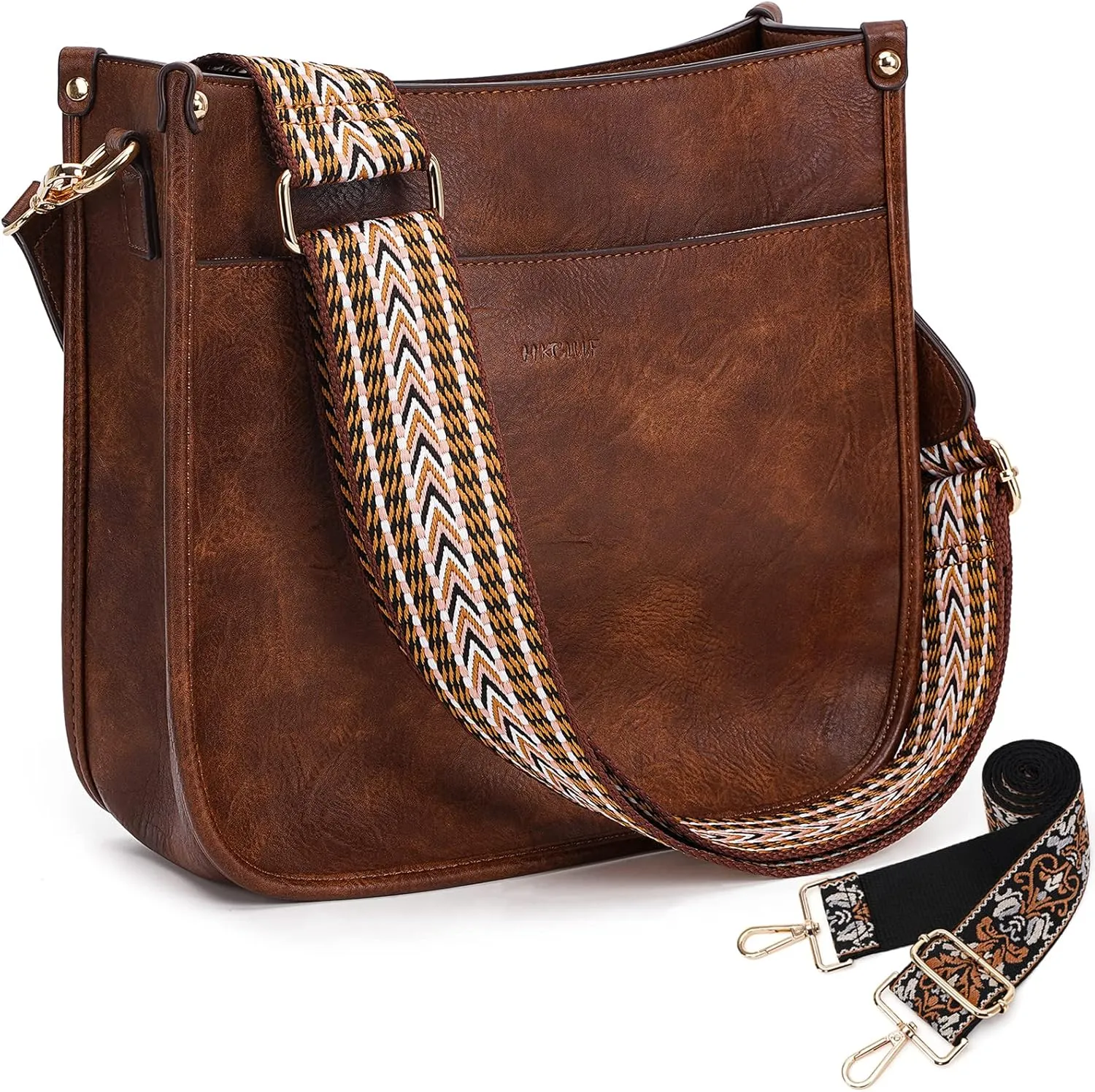 HKCLUF Crossbody Bags for Women Trendy Vegan Leather Hobo Handbags With 2PCS Adjustable Guitar Strap Shoulder Bucket Bags
