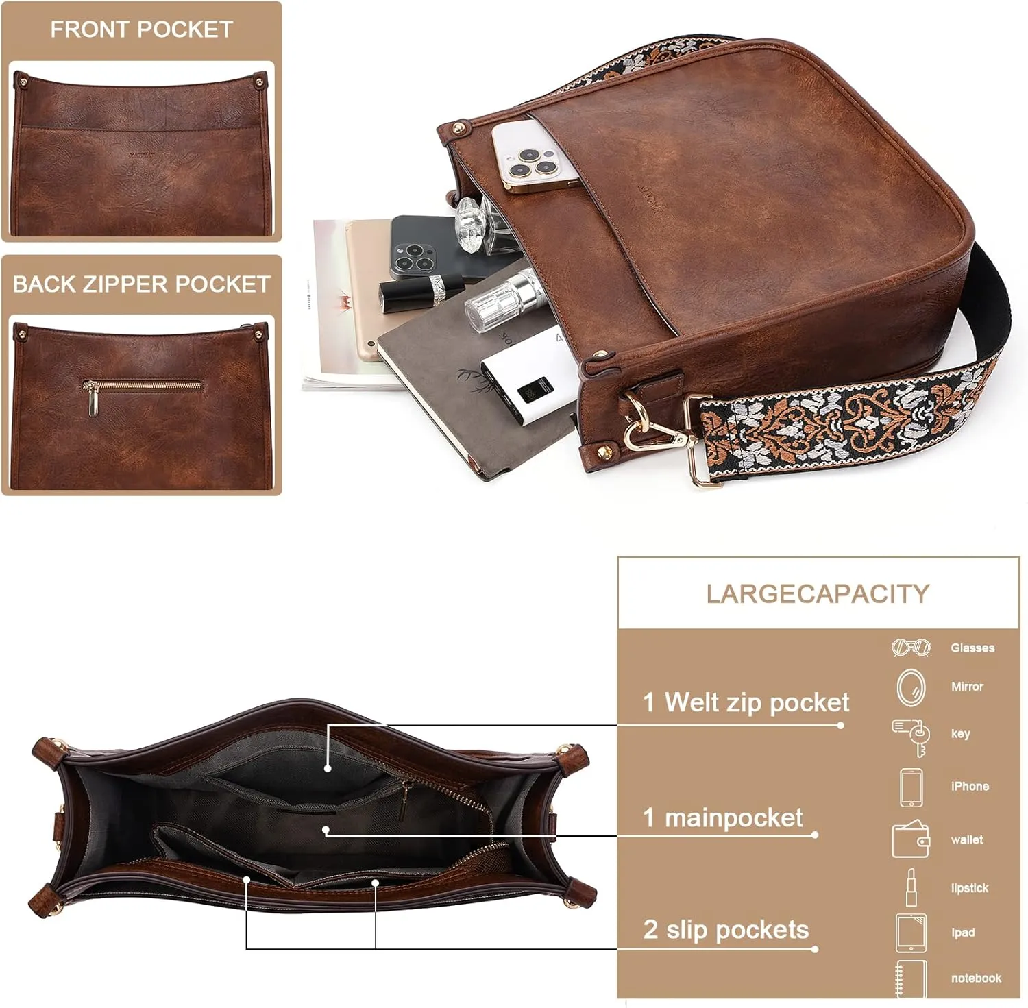 HKCLUF Crossbody Bags for Women Trendy Vegan Leather Hobo Handbags With 2PCS Adjustable Guitar Strap Shoulder Bucket Bags