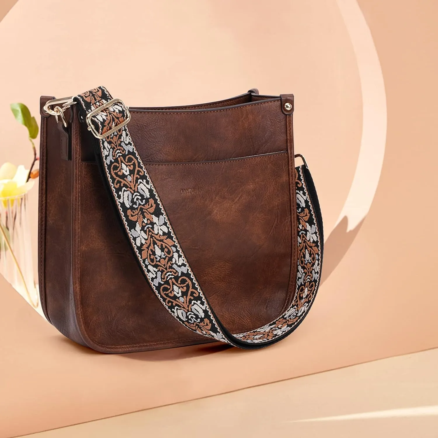 HKCLUF Crossbody Bags for Women Trendy Vegan Leather Hobo Handbags With 2PCS Adjustable Guitar Strap Shoulder Bucket Bags