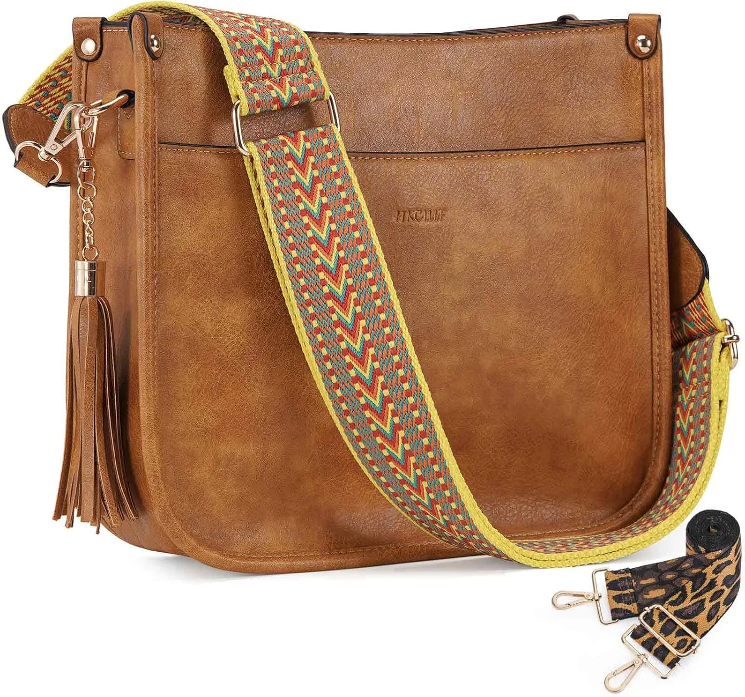 HKCLUF Vegan Leather Crossbody Bags Purse for Women Trendy Tassel Hobo Handbag Women With 2PCS Adjustable Guitar Strap