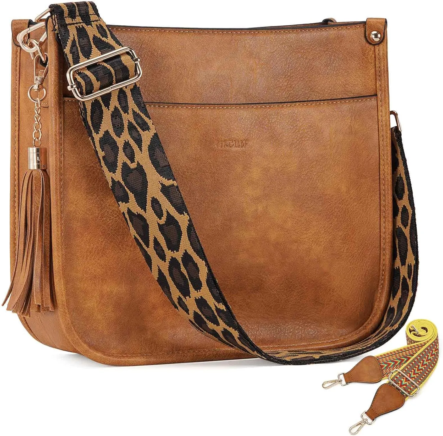 HKCLUF Vegan Leather Crossbody Bags Purse for Women Trendy Tassel Hobo Handbag Women With 2PCS Adjustable Guitar Strap