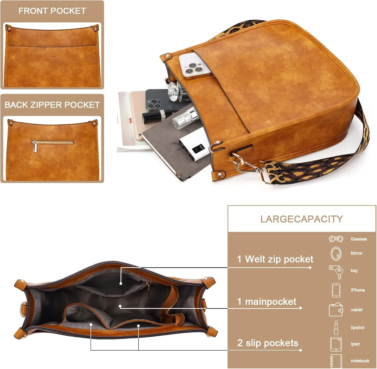 HKCLUF Vegan Leather Crossbody Bags Purse for Women Trendy Tassel Hobo Handbag Women With 2PCS Adjustable Guitar Strap