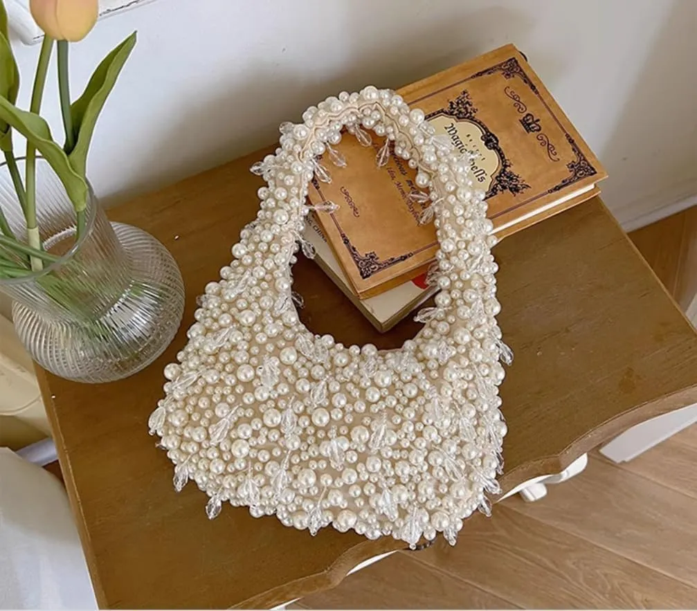 Hobo Bags-Women's Pearl Leaf Beaded Small Mini Bag Crescent Shaped Party Handbag Purse