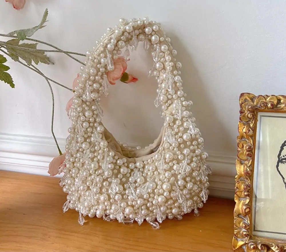 Hobo Bags-Women's Pearl Leaf Beaded Small Mini Bag Crescent Shaped Party Handbag Purse