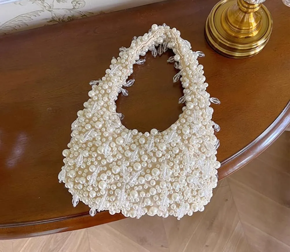 Hobo Bags-Women's Pearl Leaf Beaded Small Mini Bag Crescent Shaped Party Handbag Purse