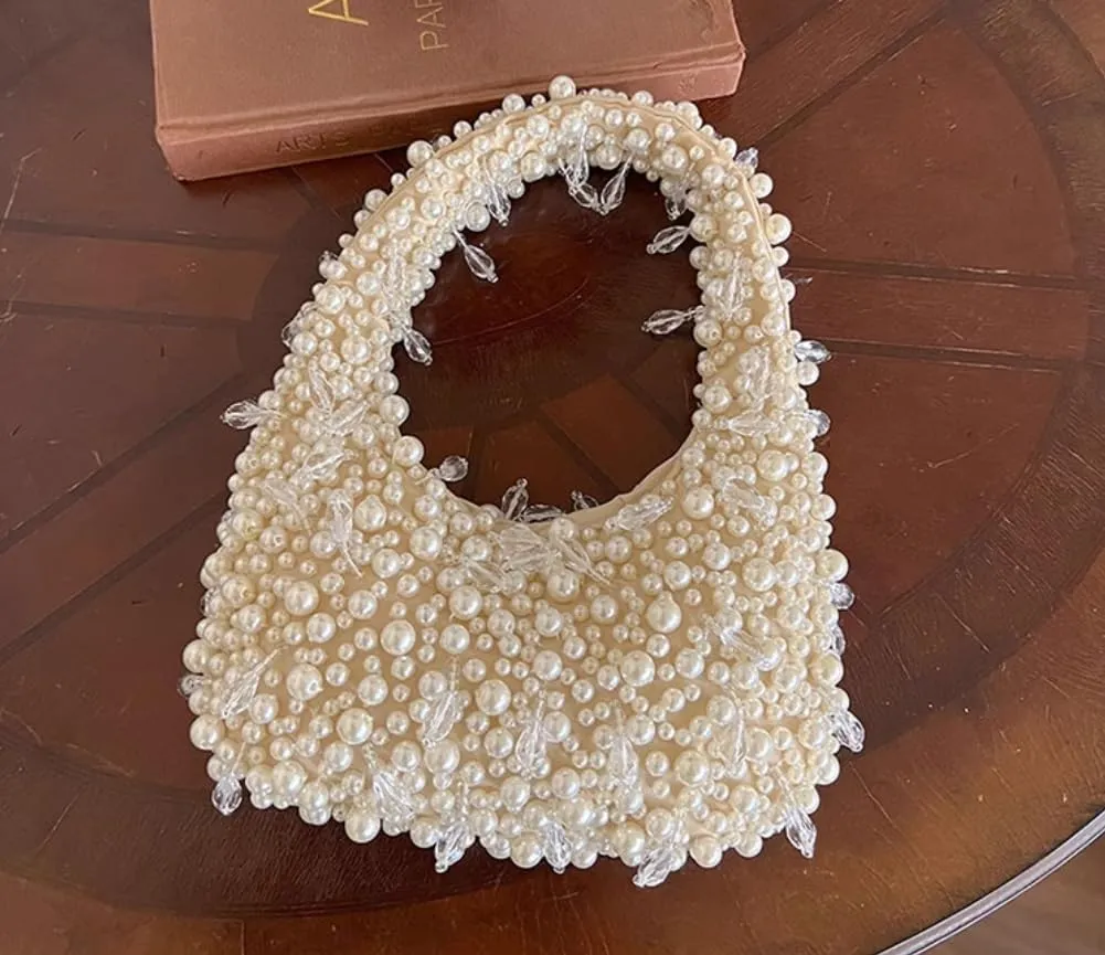 Hobo Bags-Women's Pearl Leaf Beaded Small Mini Bag Crescent Shaped Party Handbag Purse