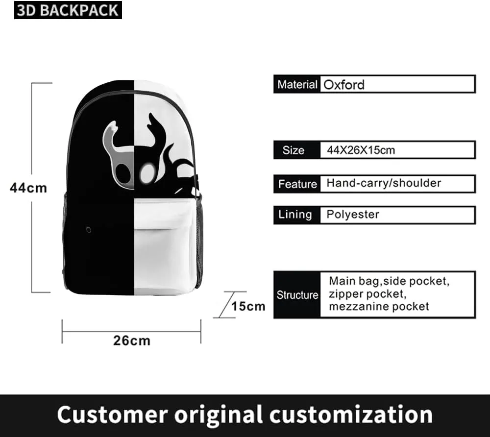 Hollow Knight Merch Backpack Three-piece Sets Casual Fashion Kpop Bags Travel Daypacks (Multicolor-Backpack)