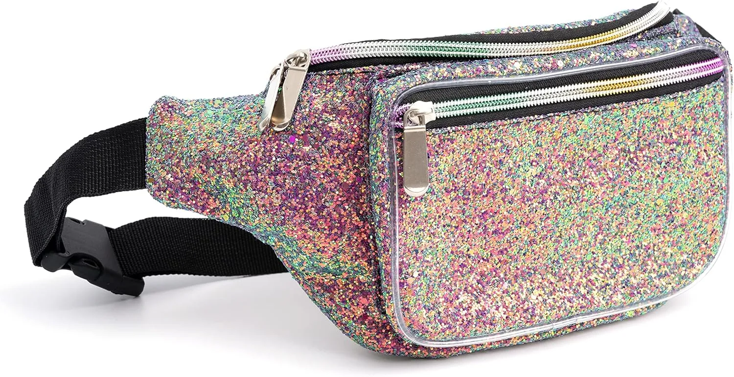 Holographic Rave Purple Blue Gravel Glitter Fanny Pack For Women Grils Festival Waist Belt Bags -Purple Blue Gravel