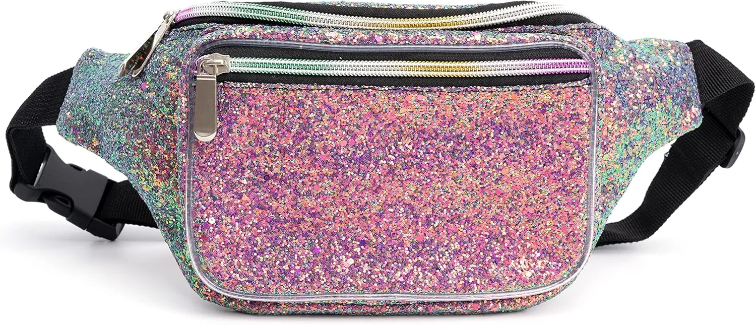 Holographic Rave Purple Blue Gravel Glitter Fanny Pack For Women Grils Festival Waist Belt Bags -Purple Blue Gravel