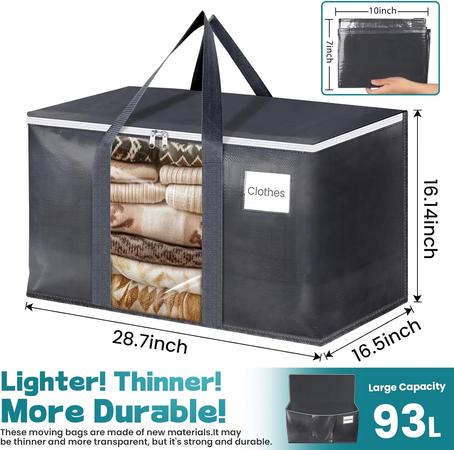 HomeHacks Extra Large Moving Bags with Visible PVC Window, Lightweight but Durable Storage Bags with Reinforced Handles, Storage Totes for Packing, Moving, Storage (93L, 6-Pack)