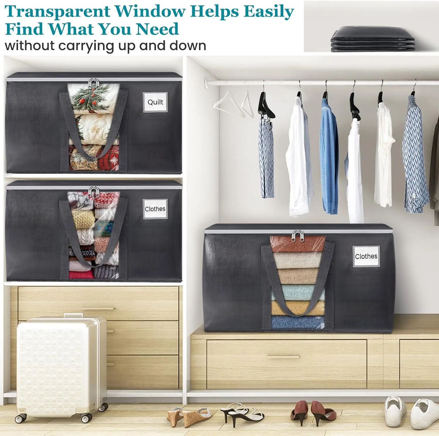 HomeHacks Extra Large Moving Bags with Visible PVC Window, Lightweight but Durable Storage Bags with Reinforced Handles, Storage Totes for Packing, Moving, Storage (93L, 6-Pack)