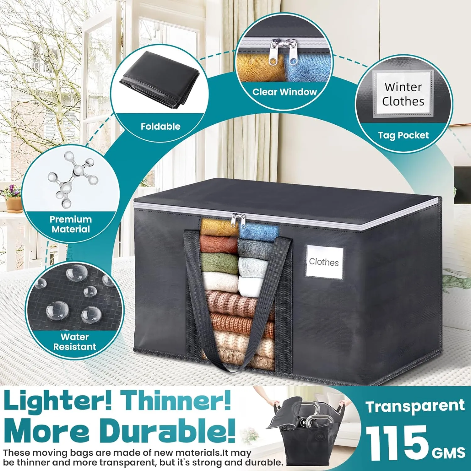 HomeHacks Extra Large Moving Bags with Visible PVC Window, Lightweight but Durable Storage Bags with Reinforced Handles, Storage Totes for Packing, Moving, Storage (93L, 6-Pack)