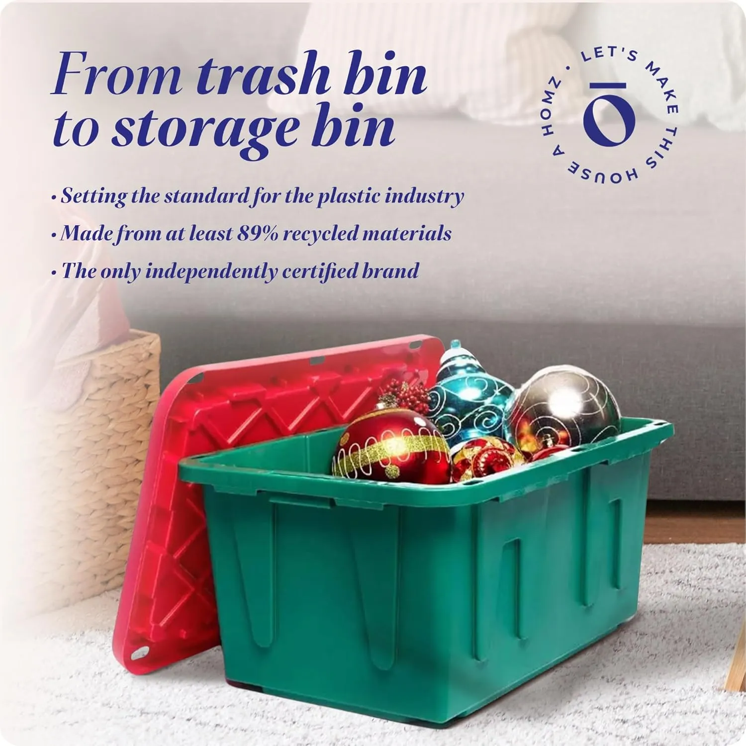 HOMZ 2-Pack Durabilt, Heavy Duty Plastic Storage Bins with Lids, 27 Gallon, Green/Red - Stackable Container Boxes for Holiday, Attic, and Garage Organization