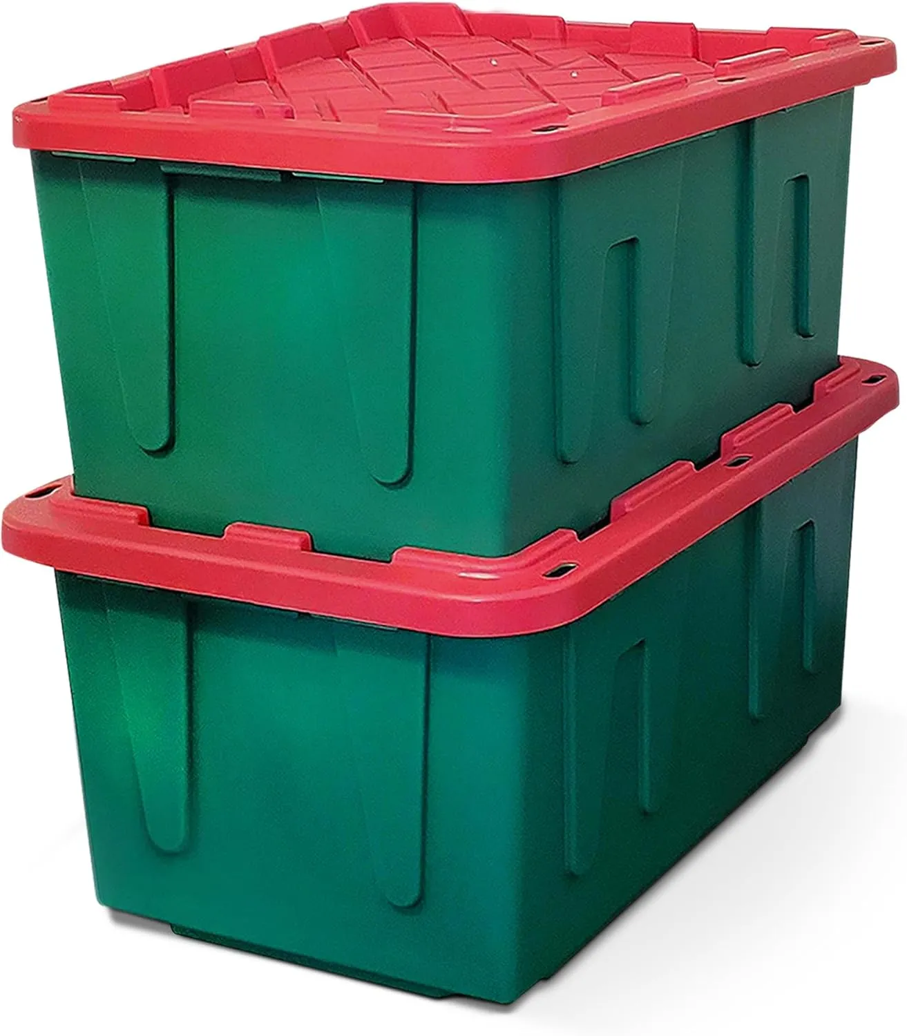 HOMZ 2-Pack Durabilt, Heavy Duty Plastic Storage Bins with Lids, 27 Gallon, Green/Red - Stackable Container Boxes for Holiday, Attic, and Garage Organization