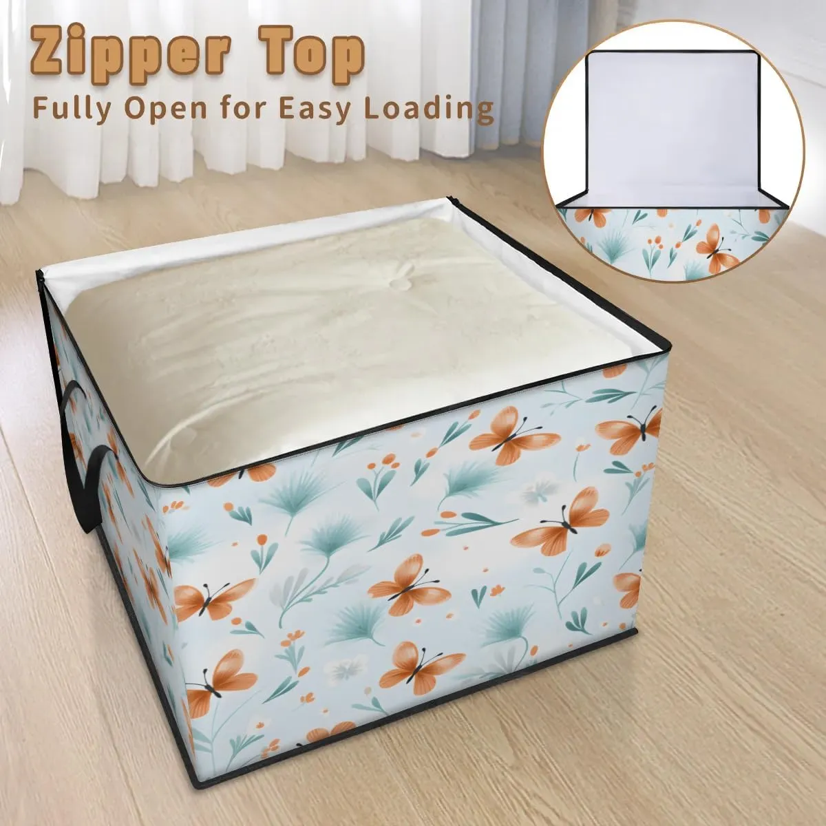 Honeybaby 214L Extra Large Comforter Storage Bag Refreshing Floral Butterfly Storage Totes with Lids Waterproof Closet Organizer Folding Blanket Storage Bags for Clothes Bedding Pillows