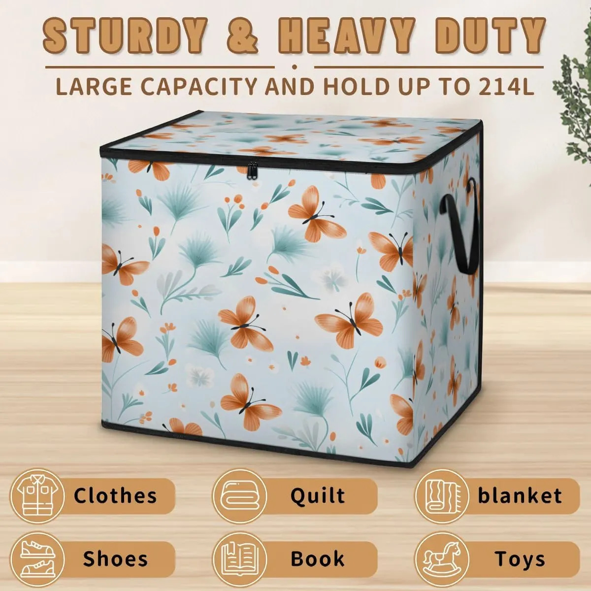 Honeybaby 214L Extra Large Comforter Storage Bag Refreshing Floral Butterfly Storage Totes with Lids Waterproof Closet Organizer Folding Blanket Storage Bags for Clothes Bedding Pillows