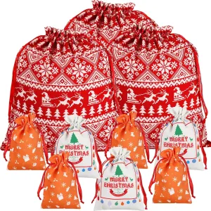 Hosuly 24 Pcs Christmas Drawstring Gift Bags Assorted Sizes, Christmas Cotton Gift Bags Bulk Reusable Wrapping Sacks for Xmas Presents Party Favor,3 Styles