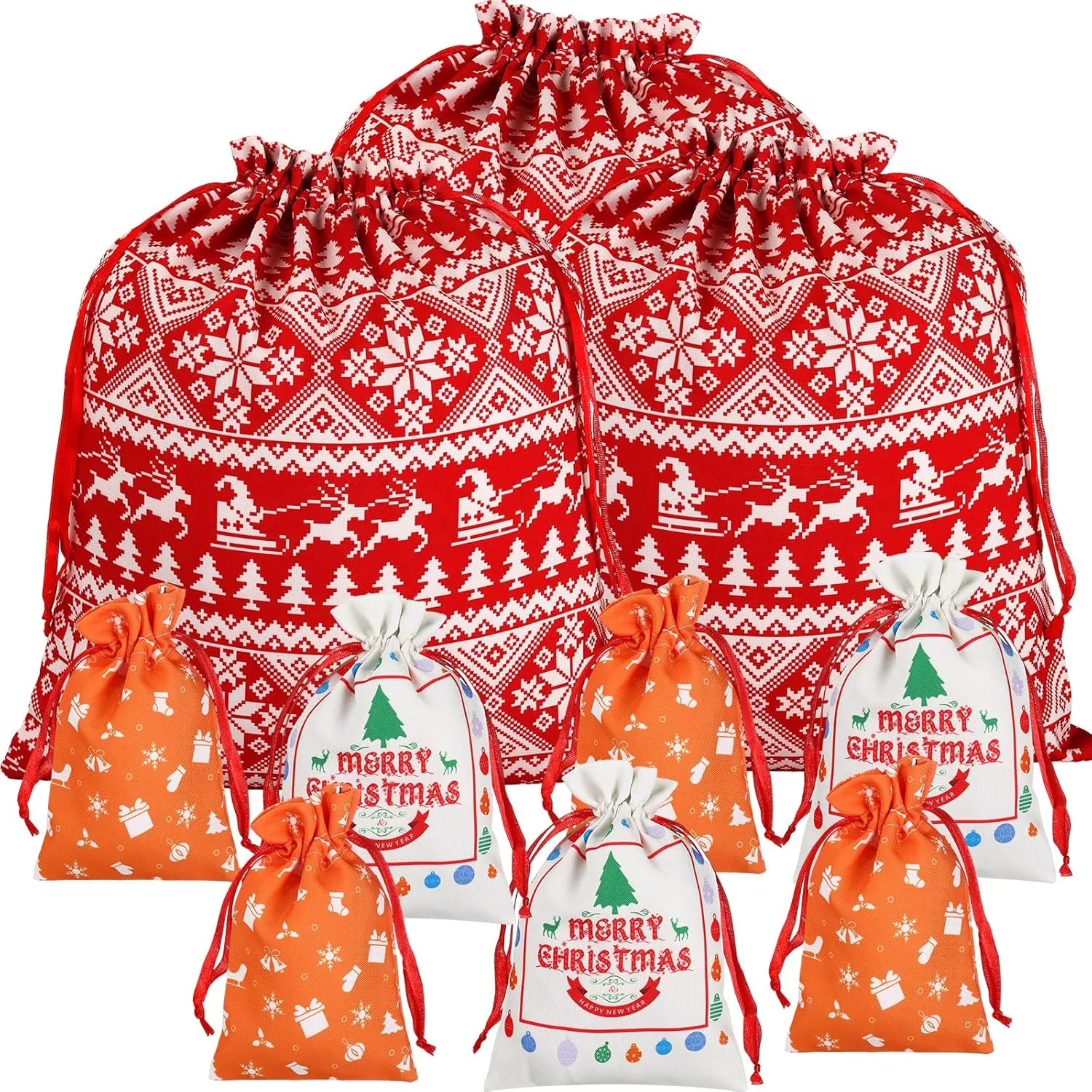 Hosuly 24 Pcs Christmas Drawstring Gift Bags Assorted Sizes, Christmas Cotton Gift Bags Bulk Reusable Wrapping Sacks for Xmas Presents Party Favor,3 Styles