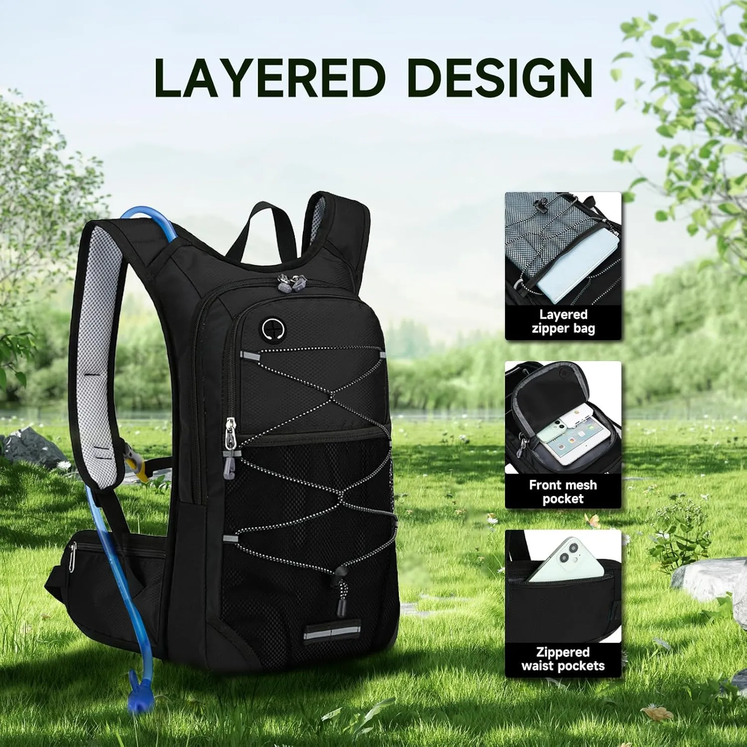 Hydration Bladder Backpack for Men & Women Sport Hydro Backpack with 2L Water Bladder Pack for Hiking Running Cycling Camping