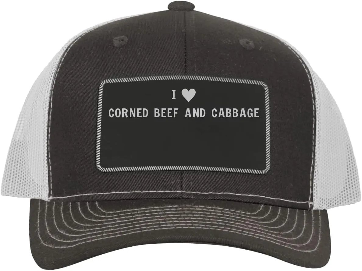 I Heart Love Corned Beef and Cabbage - Leather Black Patch Engraved Trucker Hat