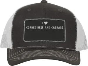 I Heart Love Corned Beef and Cabbage - Leather Black Patch Engraved Trucker Hat