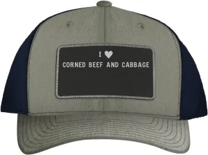 I Heart Love Corned Beef and Cabbage - Leather Black Patch Engraved Trucker Hat