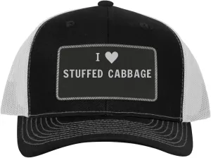 I Heart Love Stuffed Cabbage - Leather Black Patch Engraved Trucker Hat