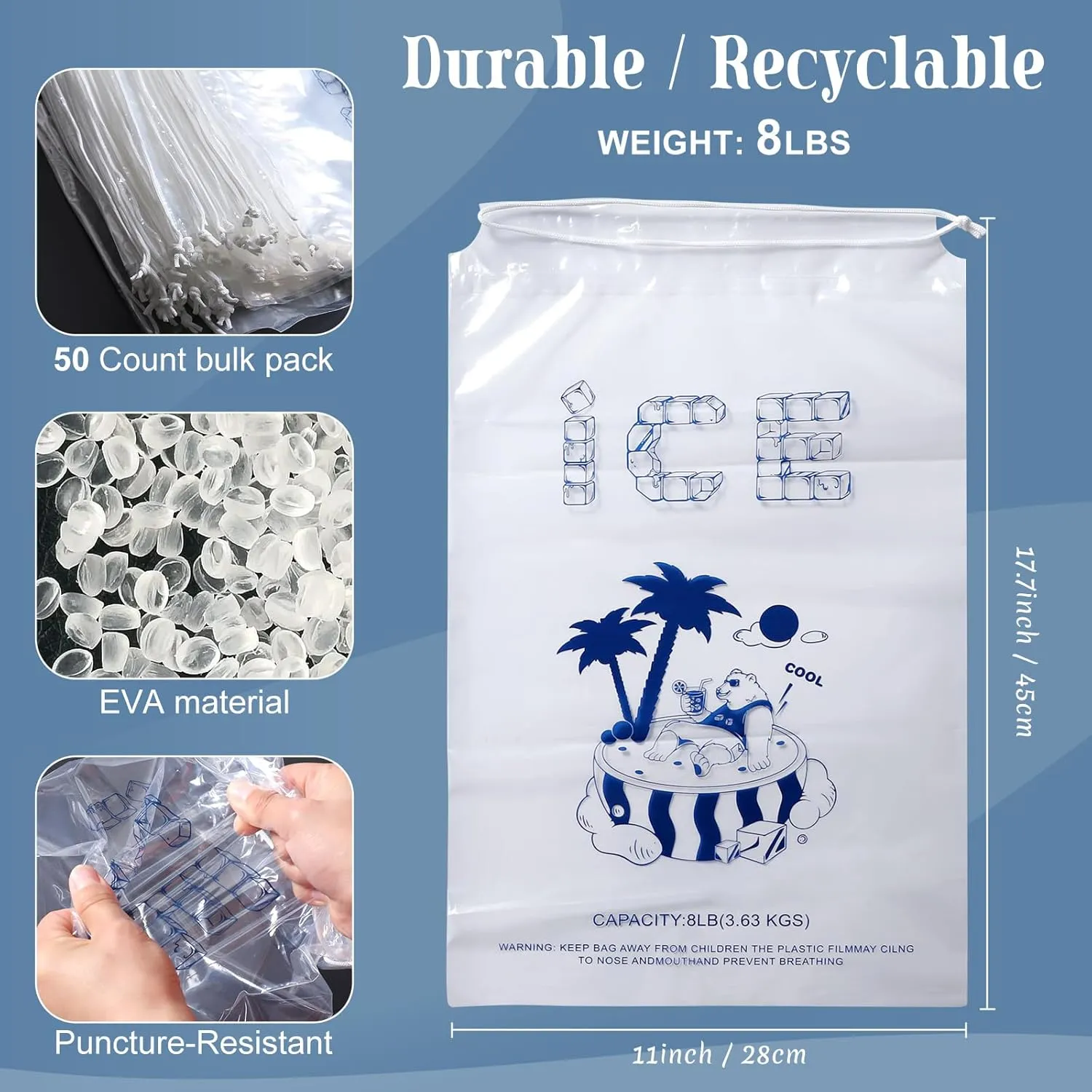 Ice Bags 8 lb with Drawstring, 50 Pack Reusable Ice Cube Bags, 11 x 19 Inch Heavy-Duty Ice Bags for Ice Machines, Ice Storage Bags with Plastic Drawstring for Freezer Keeper(2 Mils Thickness)