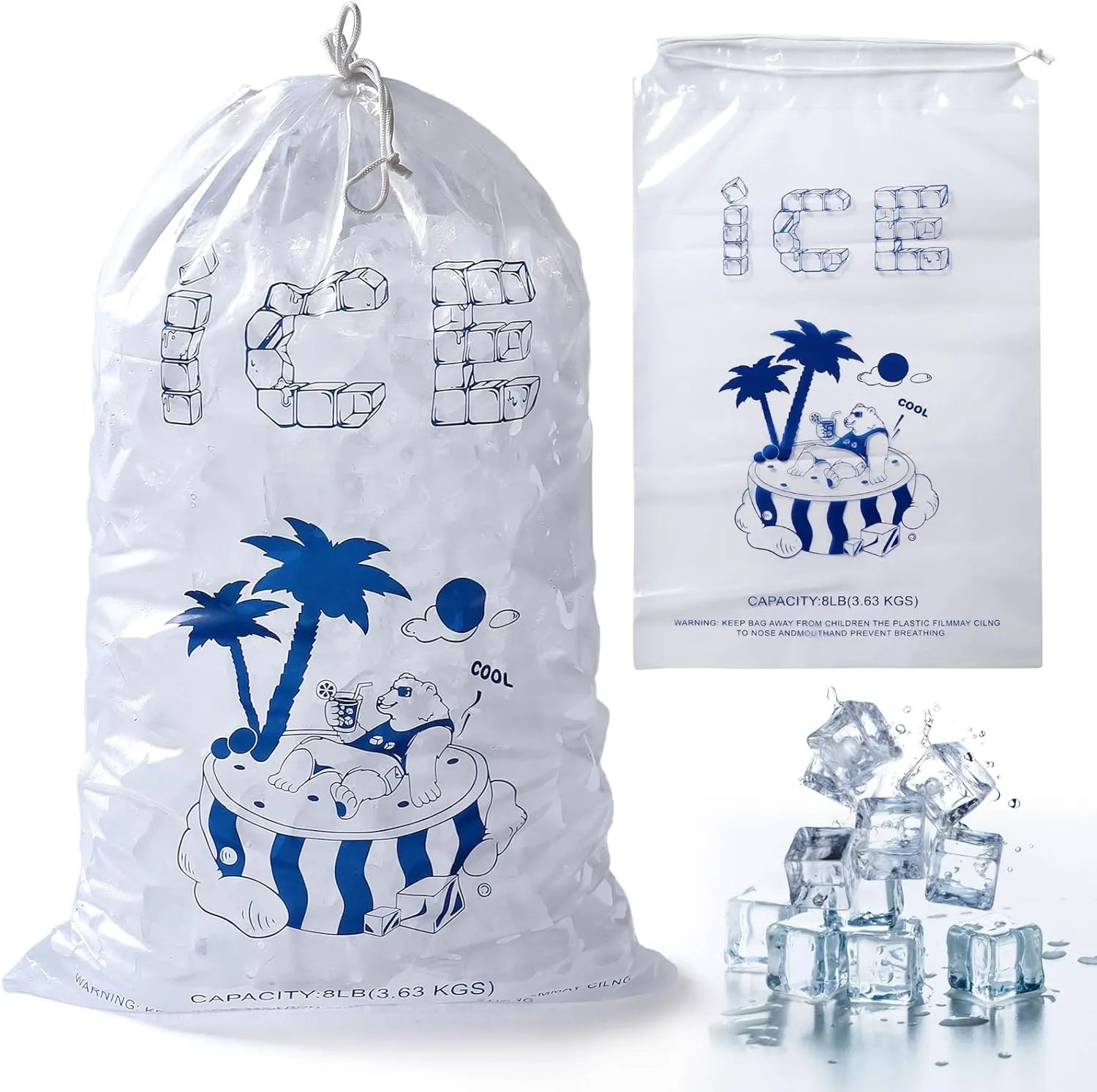 Ice Bags 8 lb with Drawstring, 50 Pack Reusable Ice Cube Bags, 11 x 19 Inch Heavy-Duty Ice Bags for Ice Machines, Ice Storage Bags with Plastic Drawstring for Freezer Keeper(2 Mils Thickness)