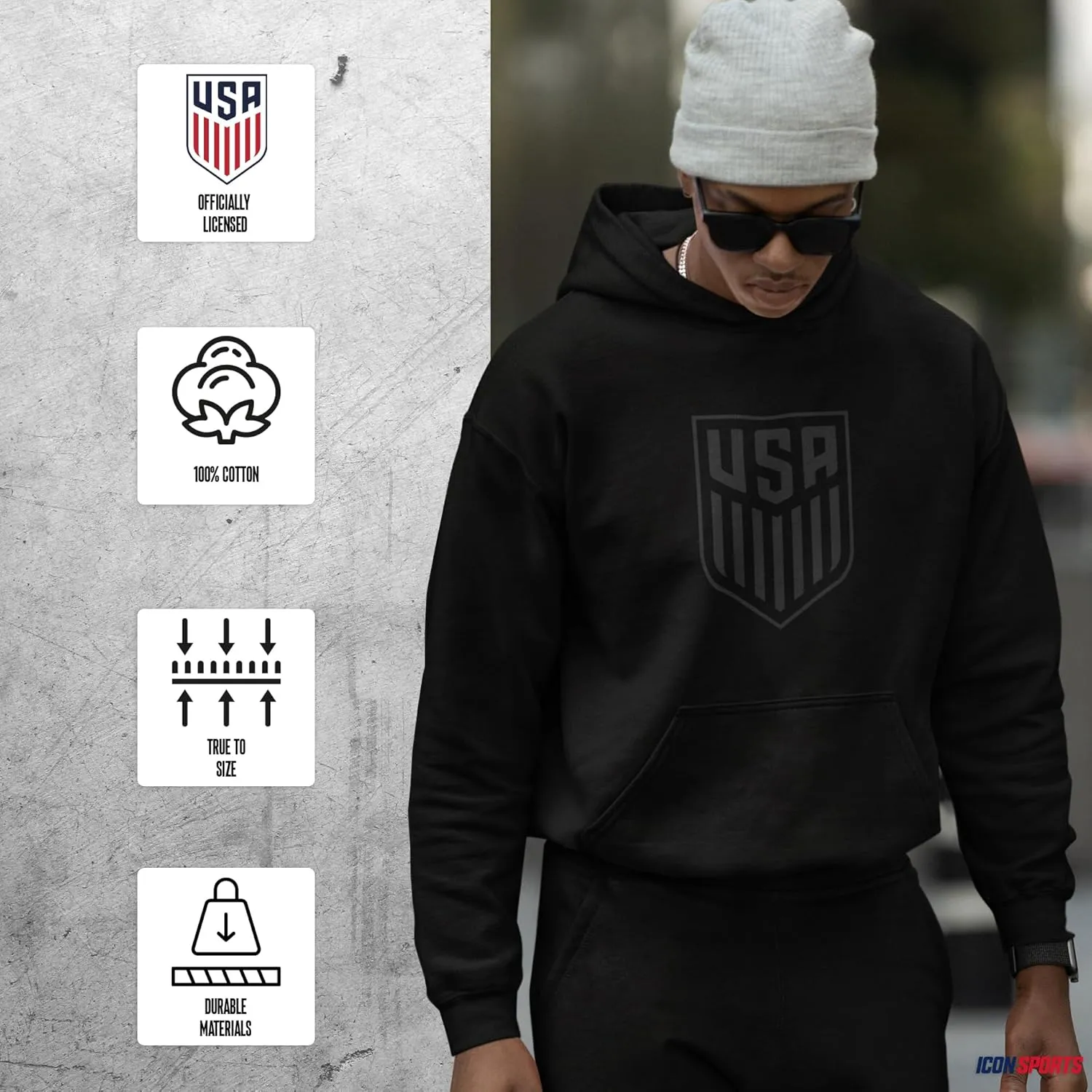 Icon Sports U.S. Soccer Hoodie Officially Licensed Adult BLACKOUT Cotton Pullover Hoodie Sweatshirt