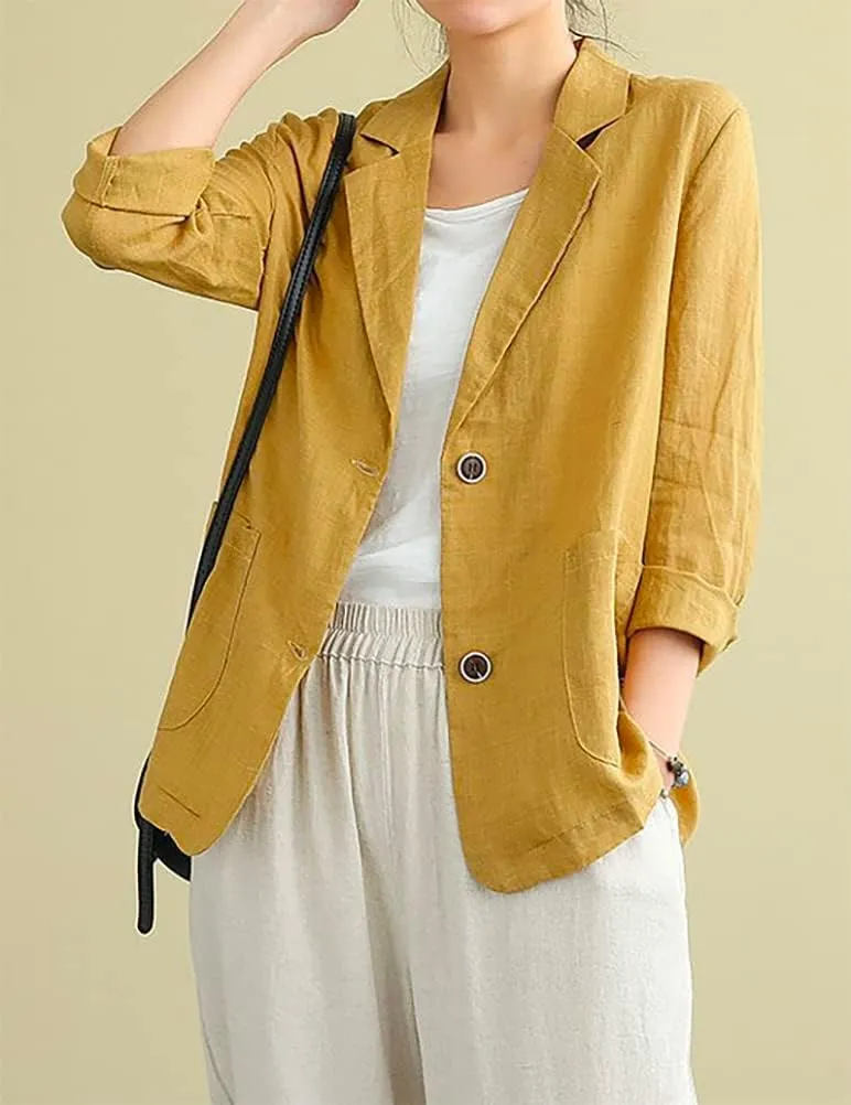 IDEALSANXUN Cotton Linen Blazer for Womens Long Sleeve Loose Casual Blazer Jackets