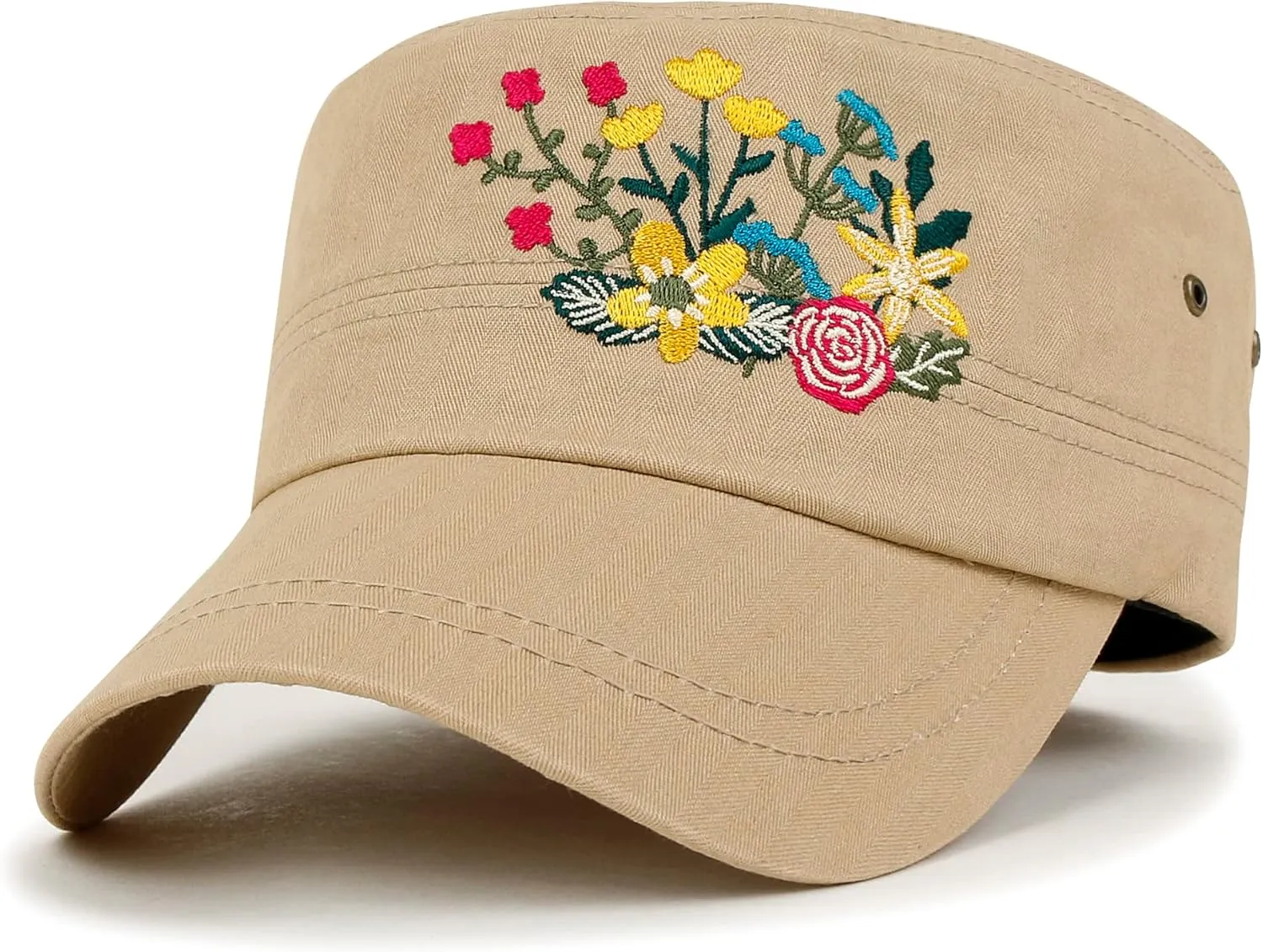 ililily Rhinestone Cotton Cadet Cap Vintage Distressed Cotton Military Army Hat
