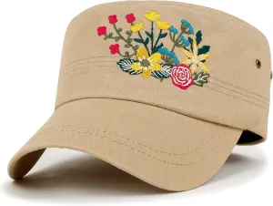 ililily Rhinestone Cotton Cadet Cap Vintage Distressed Cotton Military Army Hat