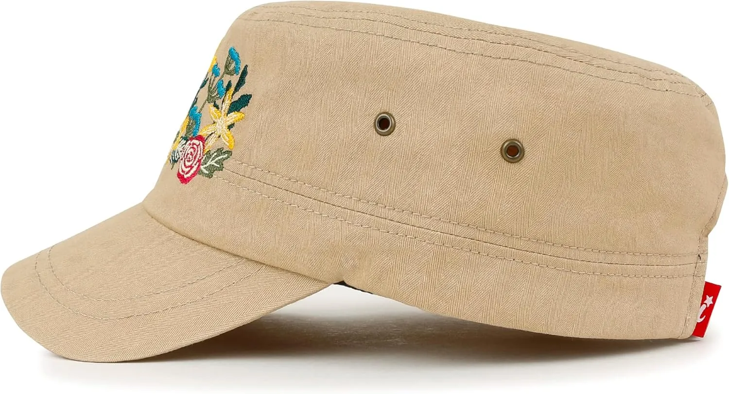 ililily Rhinestone Cotton Cadet Cap Vintage Distressed Cotton Military Army Hat