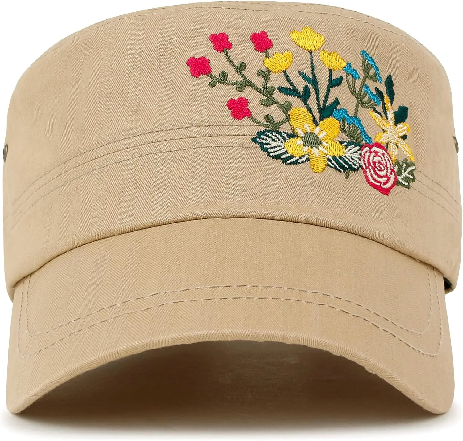 ililily Rhinestone Cotton Cadet Cap Vintage Distressed Cotton Military Army Hat