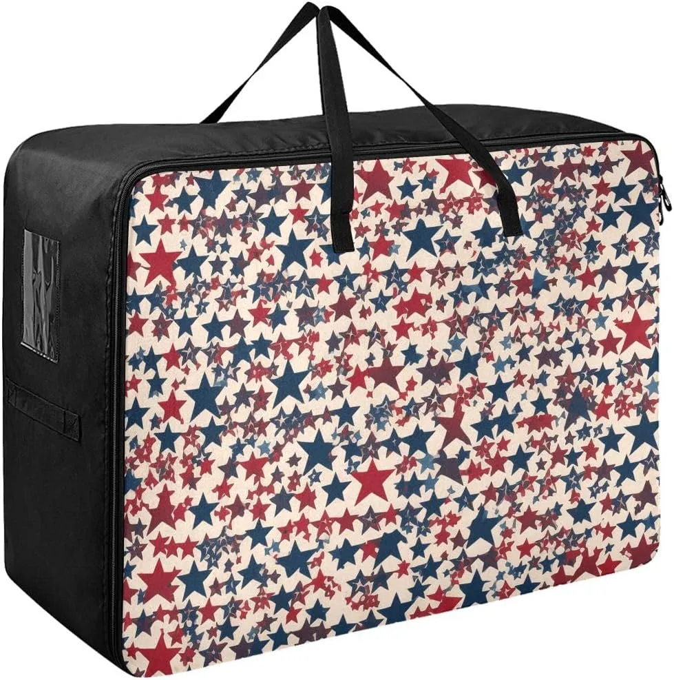 Independence Day of Festive Stars Storage Bag Extra Large Moving Bags with Strong Zippers and Carrying Handles, Zippered Storage Bag for Closet Comforter, Pillow, Quilt