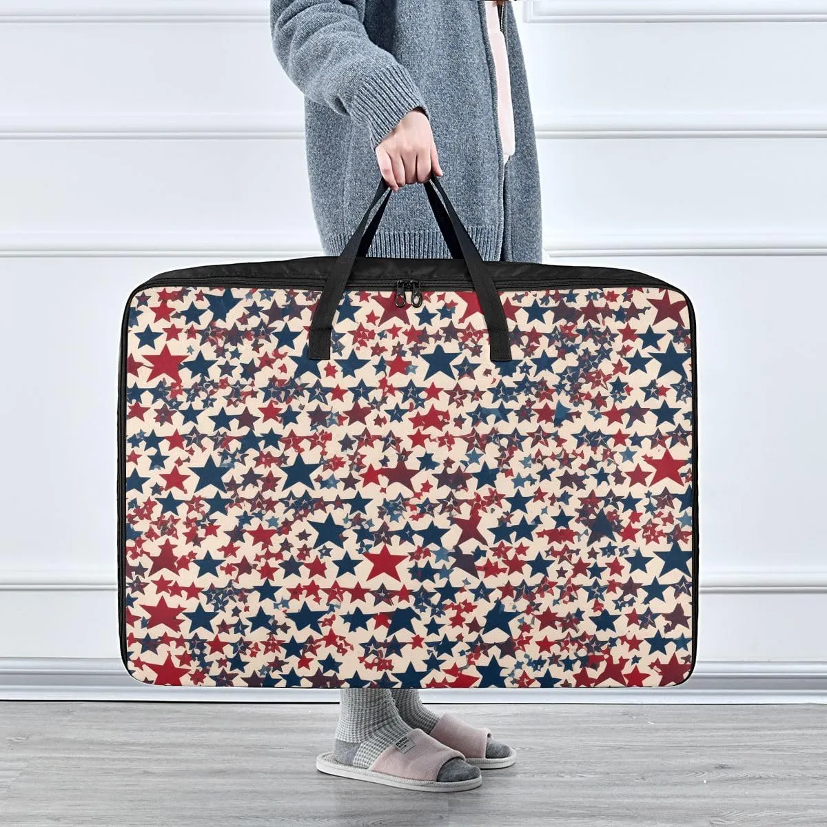 Independence Day of Festive Stars Storage Bag Extra Large Moving Bags with Strong Zippers and Carrying Handles, Zippered Storage Bag for Closet Comforter, Pillow, Quilt