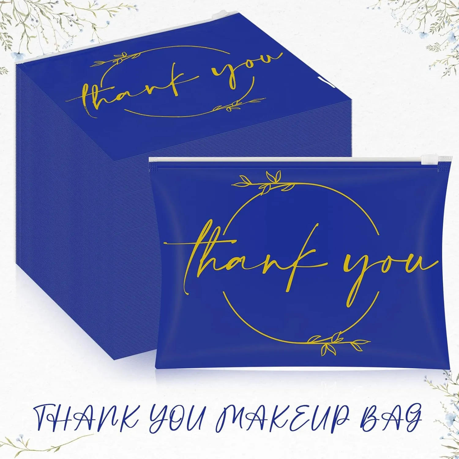 Ireer 100 Pcs Thank You Gift Makeup Bags EVA Clear Cosmetic Bag with Zipper Mini Makeup Thank You Toiletry Cosmetics Bulk Gifts for Women Birthday Daughter Sister(Blue, Gold)